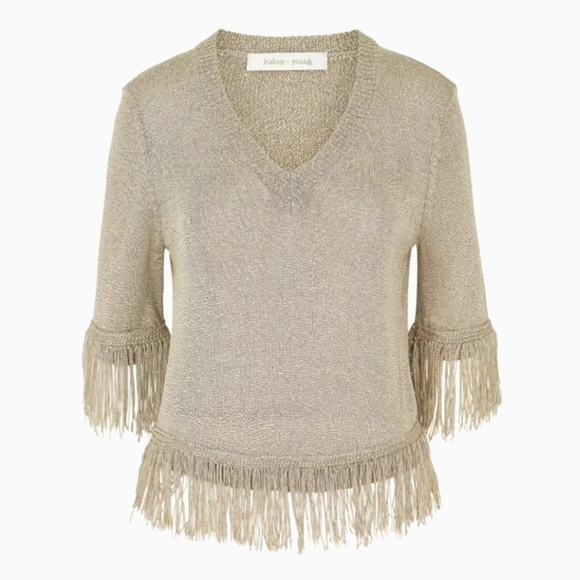 Bishop + Young - Oatmeal V-Neck Fringe Sweater - Size S (NWT) - Picture 1 of 8